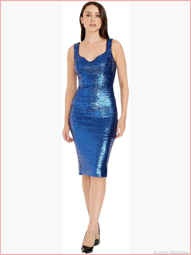 Sloane Rounded V Neck Bodycon Midi Dress Sequined Cocktail